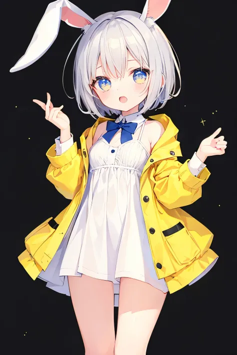 Yellow Raincoat、Bunny girl、Rabbit ears、Very beautiful and Shining Eyes、Shining Eyes、1 Girl、Small breasts、Big Mouth、high school girl、Small breasts、Transparent silver short hair、7-year-old girl