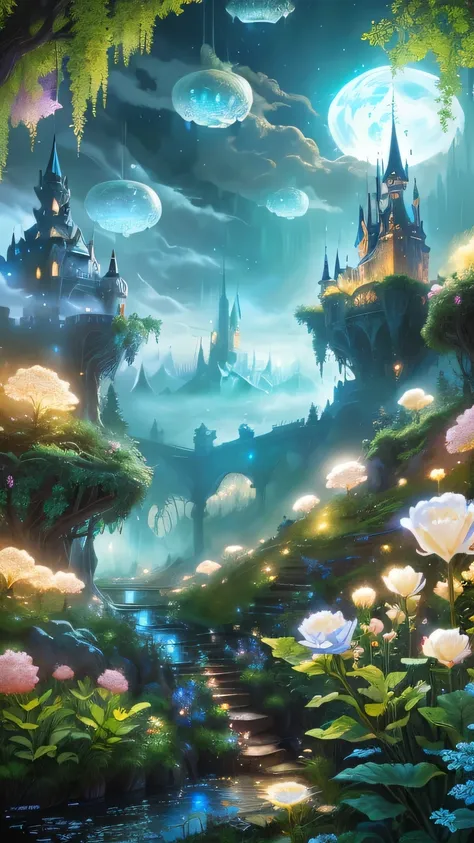 A painting of a fantasy castle surrounded by trees and flowers, detailed fantasy digital art, fantasy very detailed, Beautiful and detailed fantasy, Fantasy magical vegetation, magic fantasy very detailed, Dreamy and gorgeous lights, Whimsical fantasy land...