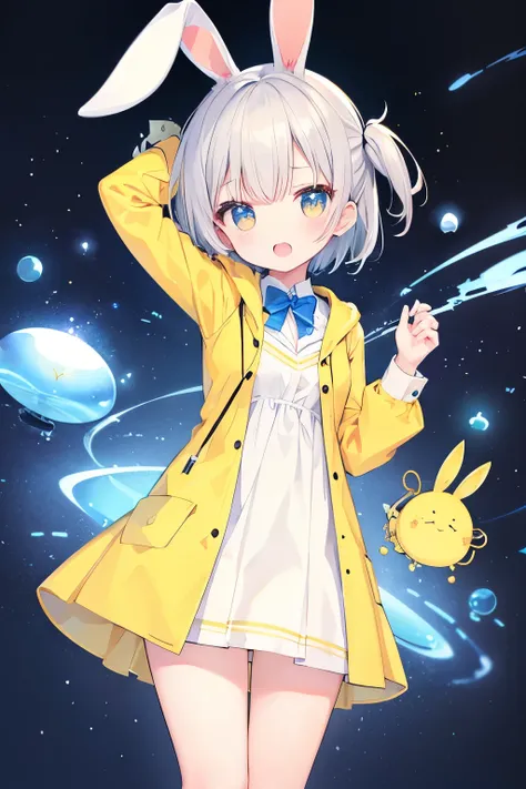 Yellow Raincoat、Bunny girl、Rabbit ears、Very beautiful and Shining Eyes、Shining Eyes、1 Girl、Small breasts、Big Mouth、high school girl、Small breasts、Transparent silver short hair、7-year-old girl