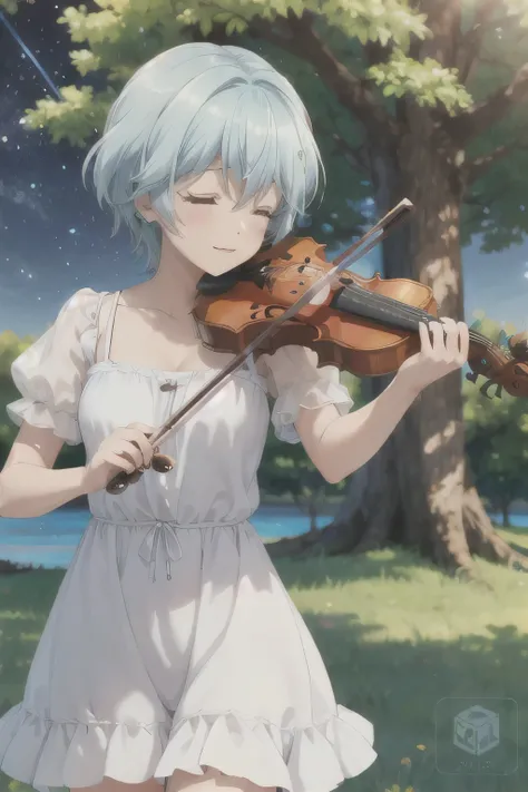 Under the tree，White Dress,violin，Playing the violin with eyes closed，Starry Sky，Blue Hair