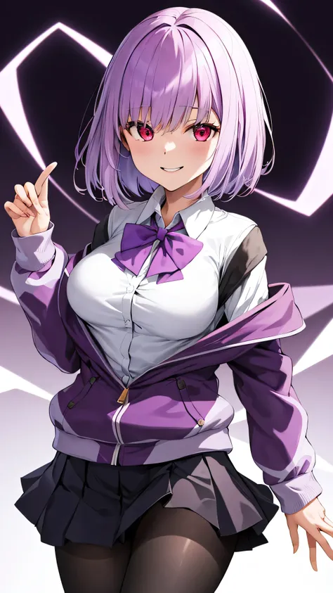 masterpiece, highest quality, High resolution, shinjou akane, One girl, alone, pantyhose, shirt, bow, skirt, purple Jacket, Jacket, white shirt, Long sleeve, short hair, black skirt, collared shirt, black pantyhose, Open clothes, bowtie, purple bow, chest,...