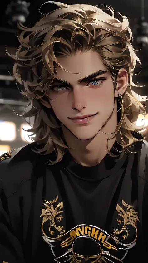 a handsome European male in early twenties looking up with a grin, shaggy blond hair, wearing black hockey jersey with yellow accents and a logo resembling a raven, wearing hockey gear, ice hockey rink, highly detailed, cinematic lighting, unreal engine, s...