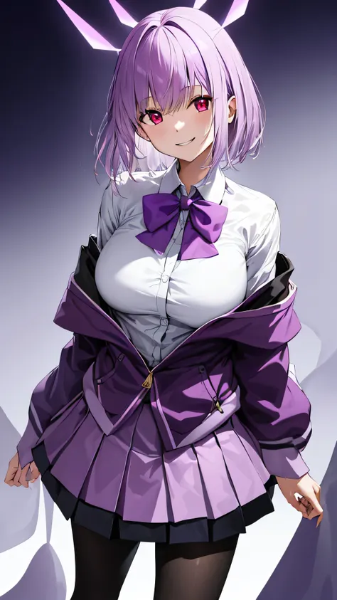 masterpiece, highest quality, High resolution, shinjou akane, One girl, alone, pantyhose, shirt, bow, skirt, purple Jacket, Jacket, white shirt, Long sleeve, short hair, black skirt, collared shirt, black pantyhose, Open clothes, bowtie, purple bow, chest,...