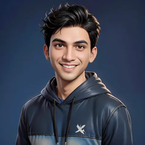 Create a cartoonish caricature 3D animation of a big-headed. a 25 years old Pakistani man. She has short black pixie cut hair. His face is oval with smooth lines, thick and neat black eyebrows, normal eyes, a small, sharp nose, and thin lips with a wide, f...