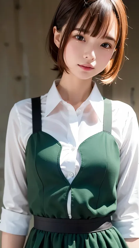 highest quality, tabletop, high resolution, (((one girl))), 16 years old,((dark green block dress,white shirt inner:1.3)), tynda...