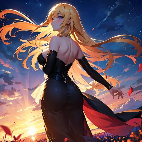 A stunning woman standing in a vibrant flower field during a breathtaking sunset. She wears a gorgeous, elegant black dress that reveals her graceful shoulders, flowing gently in the evening breeze. Her blond hair shimmers in the golden light, cascading do...