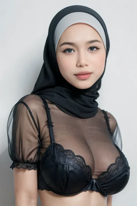 (Undress Bra), Chubby adorable, 1 girl, (face to face), 10 years old, baby face, happy, half body portrait, (face details: 1), (eye details: 1), ((big breasts)). wearing transparent transparency soft soft long shirt, hijab, .. Cute posed. proportional body...