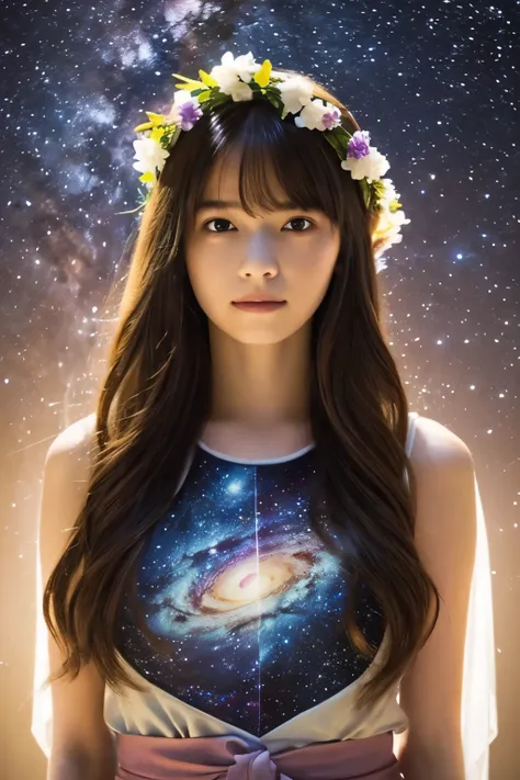 high quality, 最high quality, Tabletop, Detailed portrait of a woman 1 Girl, 14歳, Long Hair, (floating, space, milky way, colorful), Warm lighting, goddess, milky way, scenery, colorful hair wreath, {{{最high quality}}}, {{Very detailed}}, {shape}, Movie ang...