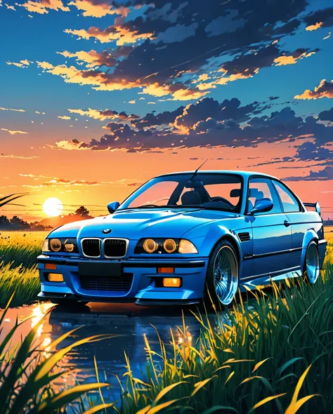 A classic BMW M3 E36 sports car in ABS blue、Anime scenery of a girl sitting in tall grass with a sunset in the background.Beautiful anime scene, Beautiful anime peace scenes, Makoto Shinkai Cyril Rolland, Beautiful anime scene, Awesome Wallpapers, Anime Ar...