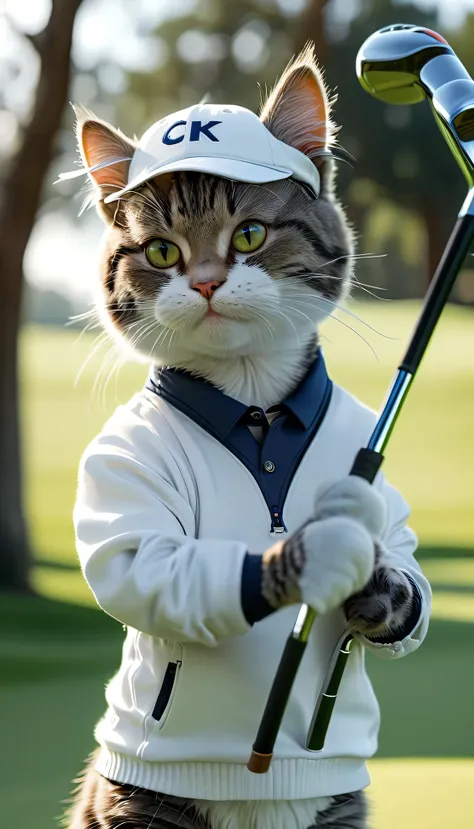 ((8K)), highest quality, 超High resolution, (High resolution)、A cat wearing golf attire at a golf course, swinging a club while wearing white gloves.