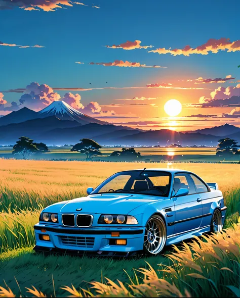 A classic BMW M3 E36 sports car in ABS blue、Anime scenery of a girl sitting in tall grass with a sunset in the background.Beautiful anime scene, Beautiful anime peace scenes, Makoto Shinkai Cyril Rolland, Beautiful anime scene, Awesome Wallpapers, Anime Ar...