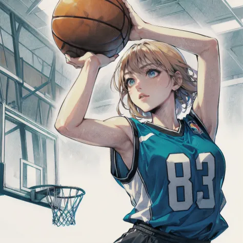  masterpiece, (textured skin), best quality, gorgeous beautiful girl, (a female basketball athlete), detailed clothes,large breasts,narrow waist,, (beautiful face), cinematic lighting, (at basketball venue ),