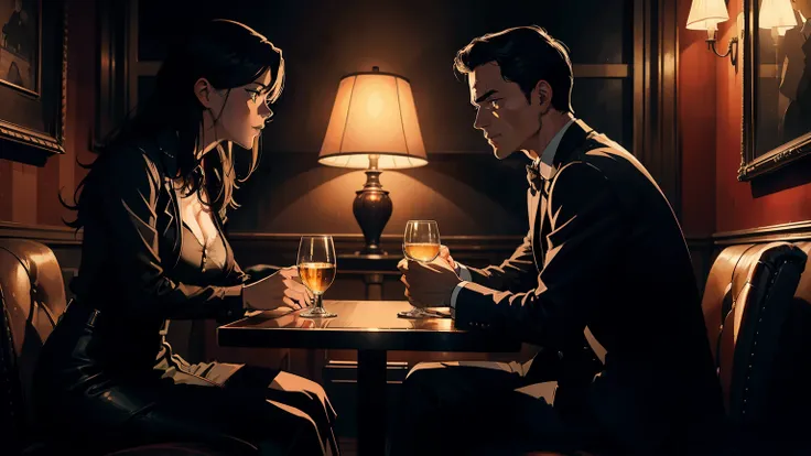 A masterpiece of a picture, created in the style of "Then Martin" artwork, captures a couple sitting happily at a dimly lit restaurant table. The neo-noir setting is evoked through the film noir jazz bar ambiance, with the couple lost in their own world, o...