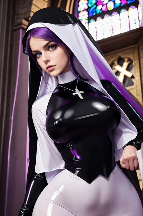 one American girl, green eyes, long light purple lilac hair, plump lips, big chest, hard nipples through shirt, in church, wearing tight black and white latex nun costume, soft muscles, crucifix, cross necklace, black latex nun habit, close up+, masterpiec...