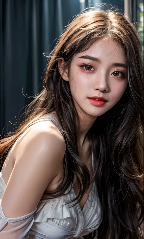 (8K, raw photo, photoreality적인: 1.25), (lip gloss, Eyelashes, smiling, bright face, glowing skin, best quality, ultra high resolutionolution, depth of field, chromatic aberration, caustic, wide lighting, natural shading) Looking at the viewer with quiet ha...