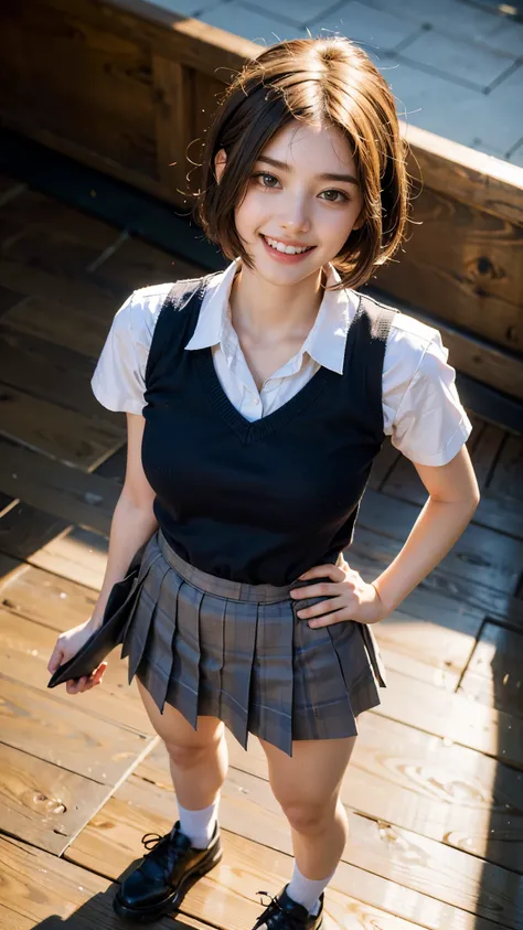 Highest quality, masterpiece, Ultra-high resolution,8K, (Realistic:1.6), (Full body frontal portrait) RAW Photos, 1 Girl,(Full of smiles, Showing teeth)), 22 years old,((Standing with good posture)), school uniform)),((Very short hair with a hair band)),((...