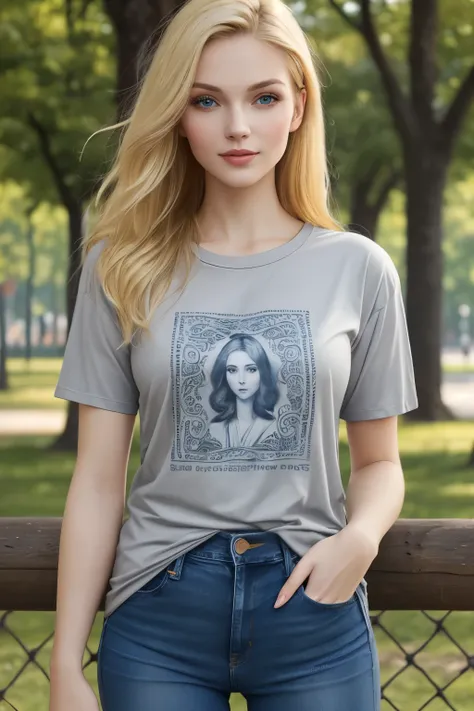 ((best quality)), ((masterpiece)), (detailed), Beautiful blonde haired russian woman, wearing so short sleeves grey printed t-shirt  and blue long jeans , in park