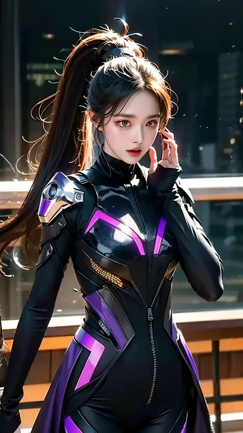 and moss,Long blacK ponytail and waist, V-shaped mechanical helmet, Helmet eyes with purple glow, Wears a blacK-purple mech suit,The blacK tattered cloaK swayed in the wind, stand in purple,, LifeliKe, best picture quality, Highest clarity and sharpness, o...