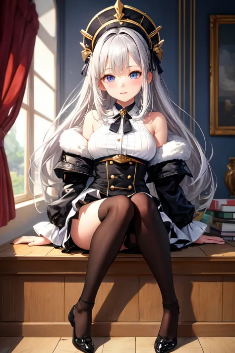 ((Highest quality)), ((masterpiece)), (detailed) Silver-haired beauty，Lewd，Slanted Eyes，black tights