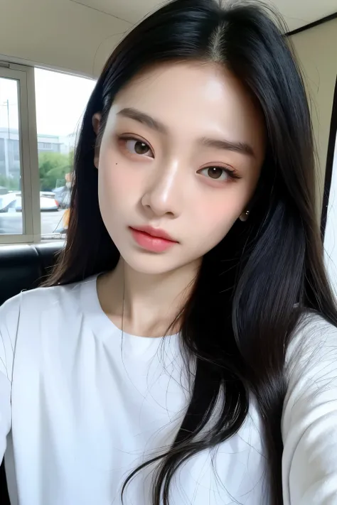 Close up of woman with long hair and black top, Best Face, Popular Korean Makeup, Brutal Korean Goth Girl, Korean woman, Cute and lovely Korean face, Popular Korean Makeup, With long hair and sharp eyes, Young and lovely Korean faces, young cute white asia...