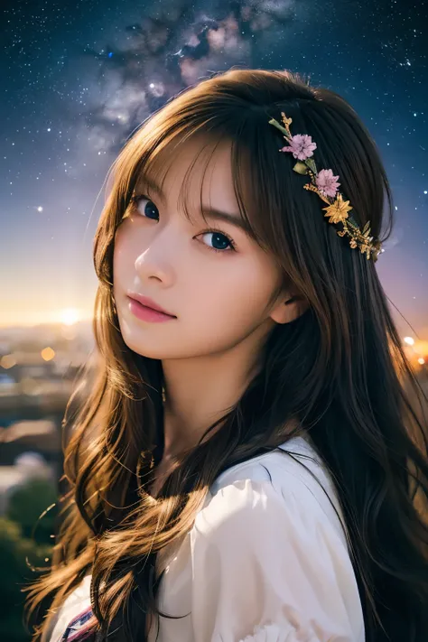 high quality, 最high quality, Tabletop, Detailed portrait of a woman 1 Girl, Long Hair, (floating, space, Milky Way, colorful), Warm lighting, goddess, Milky Way, scenery, colorful hair wreath, {{{最high quality}}}, {{Very detailed}}, {figure}, Movie angle, ...