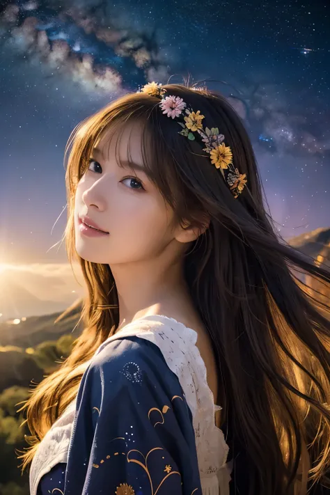 high quality, 最high quality, Tabletop, Detailed portrait of a woman 1 Girl, Long Hair, (floating, space, Milky Way, colorful), Warm lighting, goddess, Milky Way, scenery, colorful hair wreath, {{{最high quality}}}, {{Very detailed}}, {figure}, Movie angle, ...