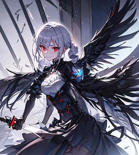 Silver hair, twin drills, abyss, growing large black wings, wielding a jet black sword in one hand, countless swords covering his body, sharp gaze, red light running through his eyes, turning up the corners of his mouth, blue flames, all alone, scary smile...