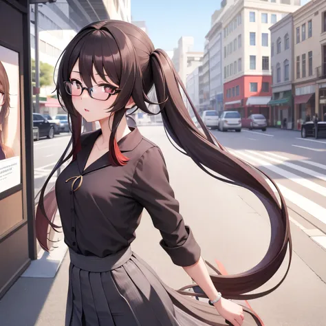 masterpiece, best quality, HuTaoV4, 1girl, solo, blush, twintails, long hair, hair between eyes, glasses, ((office clothes)), city, outdoors, daylight, movie poster, extremely detailed 8K, smooth, high resolution, ultra quality, cinematic lighting, ambient...