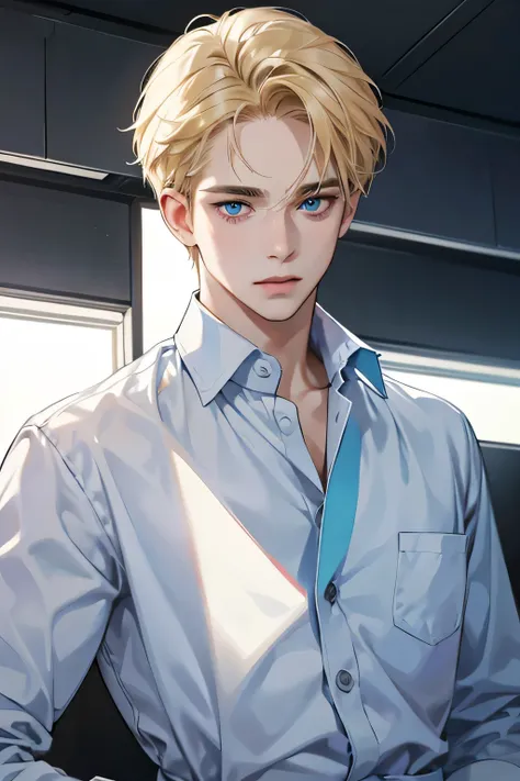 1boy, solo, looking at viewer, male focus, short hair, blonde hair, forehead, blue carolina eyes, white shirt, white blouse, black trousers, id around his neck, dutch angle, 4K, best quality, doctor vibe, masterpiece, upper body, face focus, mature, wear g...