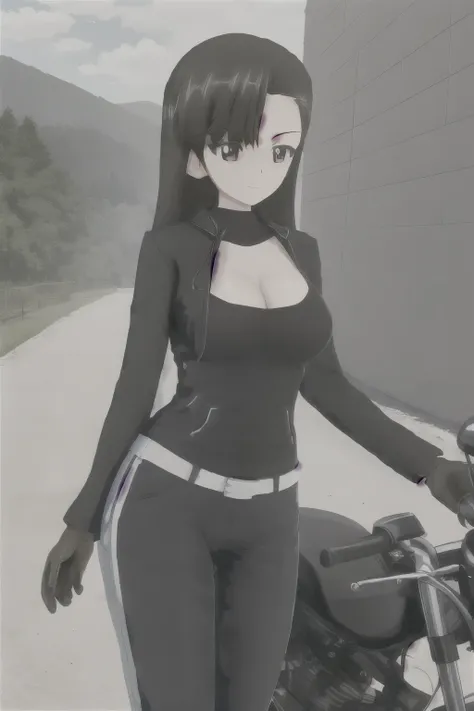 masterpiece, best quality, 1girl, solo, girls und panzer, nishi kinuyo,asymmetrical bangs,cleavage, (black leather jacket, pants, brown gloves:1.2), looking at viewer, motorcycle, outdoors, country, beautiful sky 