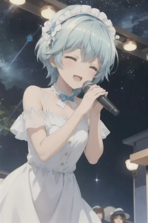 Park meadow，White Dress，A good girl，Acting cute，Blue Hair，Sing with your eyes closed，Starry Sky