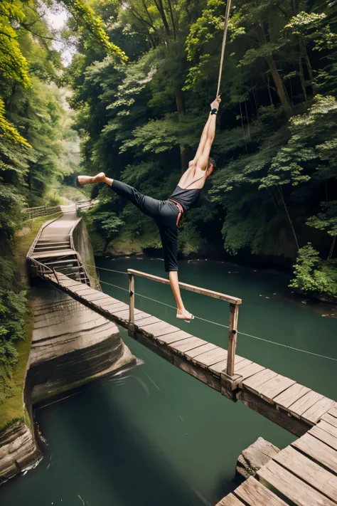 Dangerous bridge with hanging man