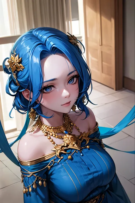 Highest quality, Learning, Detailed Hair, High resolution, (((itch))) ,necklace, hair ornaments, (Beautiful Face), Blue clothes, View your viewers, Blue Hair, Are standing, （Above the waist），Medusa