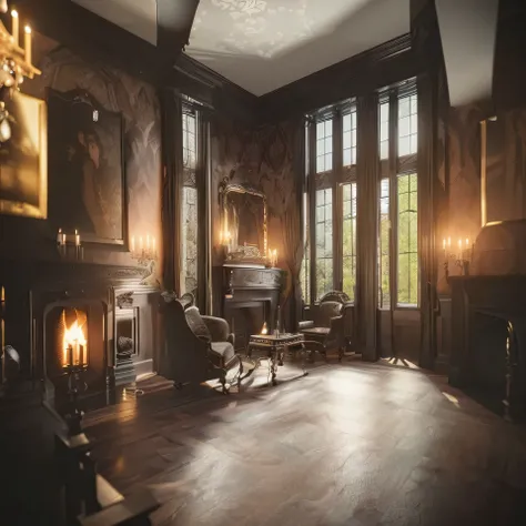 there is a room with a fireplace and a chair in it, gothic mansion room, room of a dark mansion, victorian room, interior of a victorian house, rendered in unreal engine 4k hq, rendered in unreal engine 4 k hq, in a dusty victorian home, rendered in unreal...