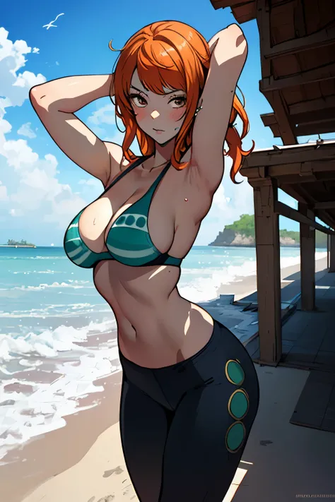 ((masterpiece)), (best quality), (detailed), (1 girl), beach,outdoor,
AND ((masterpiece)), (best quality), (detailed),on short yoga pants, Yoga vest, orange hair, undressing pants, pant pull down, Nami (onepiece_nami), post time skip nami, sexy, sexy art, ...