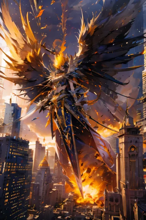 (mechanical), thunderstorm, having sword on fire, necklace on fire, (apocalypse), (flying above the city), huge angel, in the city, huge fire looks like wings, drooping eyes, sleepy,