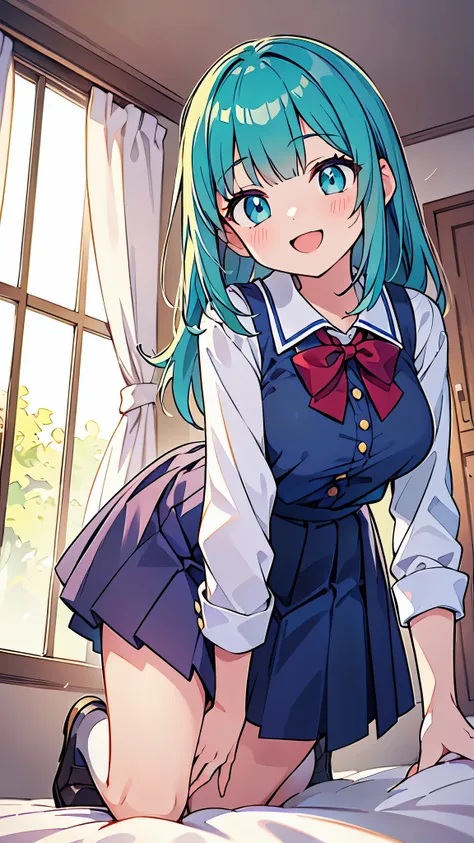 ((A Pretty high school girl is kneeling on the bed)), ((wearing the white collar shirt and navy skirt)), Baby face, ((top-quality, master piece, ultra-definition, high resolution)), anime girl, ((ultra-detailed illust:1.2)), 1 girl, bangs, hair between eye...