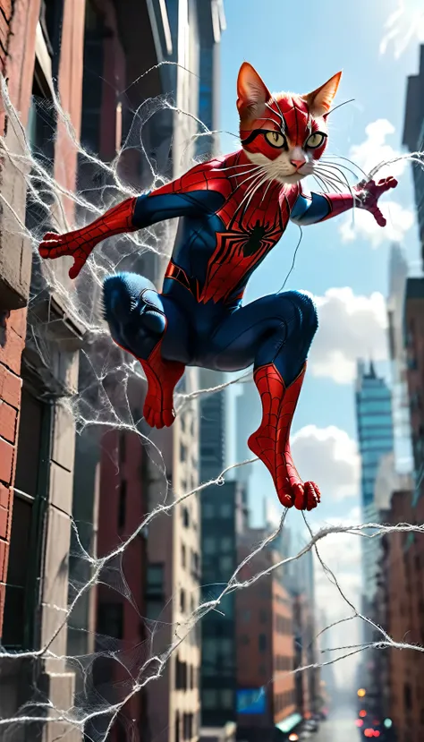 ((8K)), highest quality, 超High resolution, (High resolution),A cat dressed as Spider-Man is shooting webs from its paws and swinging between buildings