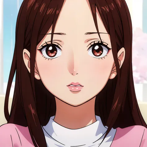 Girl, straight brown hair, brown eyes, sharp features, white skin, pink lips, perfect, sweater