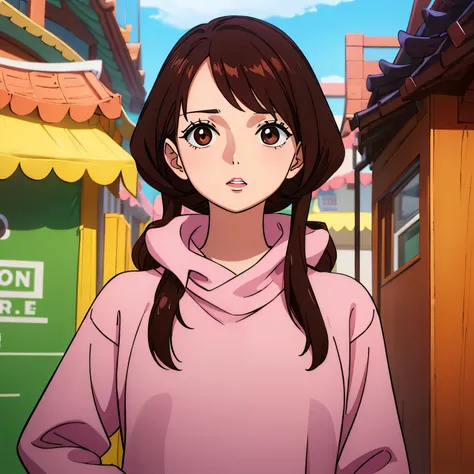 Girl, straight brown hair, brown eyes, sharp features, white skin, pink lips, perfect, sweater