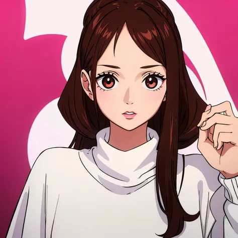 Girl, straight brown hair, brown eyes, sharp features, white skin, pink lips, perfect, sweater