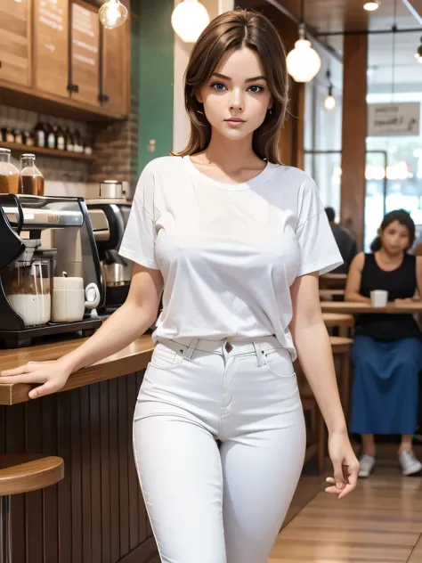 A woman wearing a loose white t-shirt and tight white pants, walking through a coffee shop, medium breasts, blue eyes