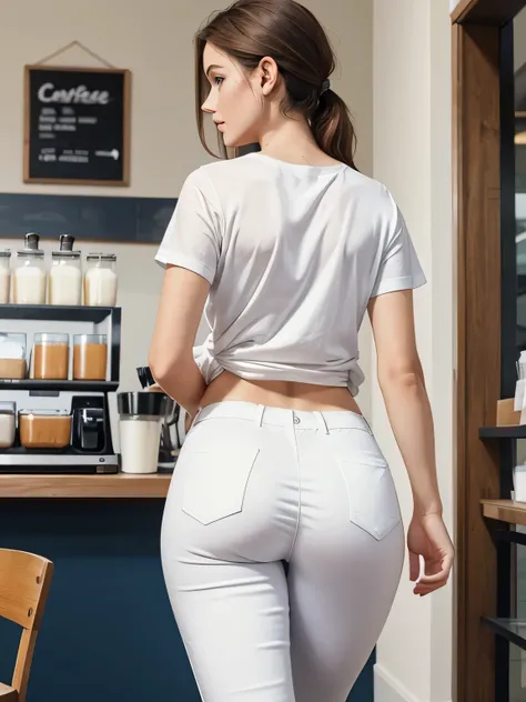 A woman in a white t-shirt and white pants walking through a coffee shop, turning your back to the camera, round butt, blue eyes