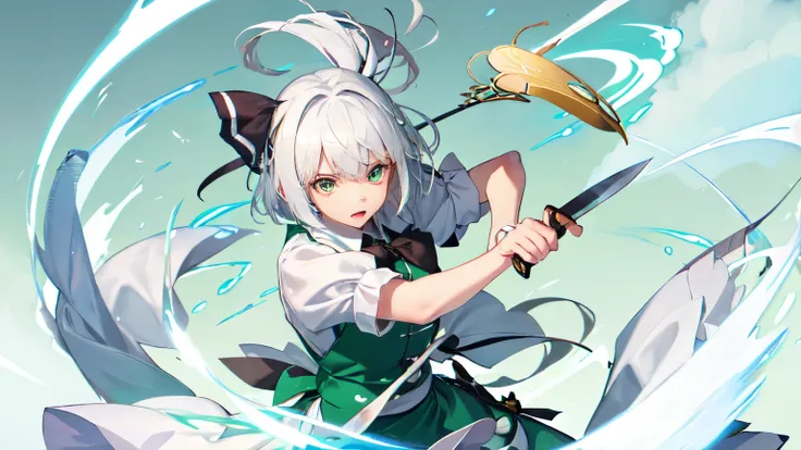 Konpaku Youmu, knife, Glare,8K quality, (masterpiece:1.3), (Highest quality:1.3), The girl has white hair, Touhou Project, Fighting pose