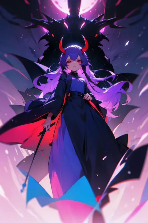 Cute devil, long purple hair, red eyes, long dress, blue lights. 