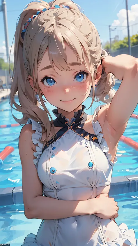 nsfw, (perfect anatomy, balanced proportions, extremely cute illustration:1.1), poolside, blond hair, blue eyes, wavy long hair, ponytail, hairstyle with the bangs cut in half, arms behind head, armpits,  (embarrassed, smiling), (detailed gorgeous colorful...