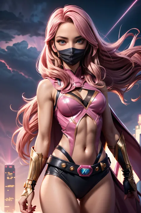 1girl, medium breasts, leotard, pink and black leotard, bare legs, tight belt, gold belt, gloves, white glove, 
city backdrop, tokyo city backdrop, solo, single, cowboy shot, superhero, beautiful detailed eyes, 20 year old girl, 
gold symbol on chest, mask...