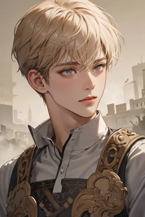 (extreamly delicate and beautiful:1.2), 8K,(masterpiece:1.0),(best_quality:1.0), 1boy, and intricate detailing, Enlarged textures, and intricate detailing, finely eye and detailed face, and intricate detailing, brown golden short hair, (closed mouths), Per...