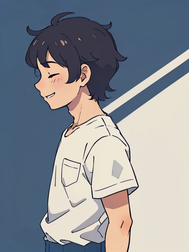 Profile illustration of a boy with short, messy hair, smile , cute with closed eyes