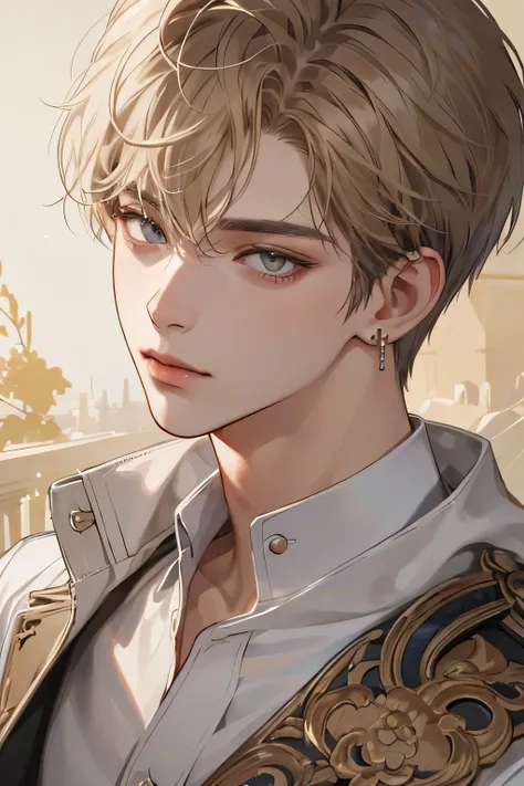 (extreamly delicate and beautiful:1.2), 8K,(masterpiece:1.0),(best_quality:1.0), 1boy, and intricate detailing, Enlarged textures, and intricate detailing, finely eye and detailed face, and intricate detailing, brown golden short hair, (closed mouths), Per...